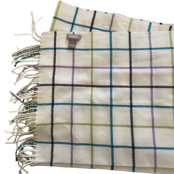 Chico’s plaid scarf off white/purple/green, 100% Acrylic - Picture 1 of 3